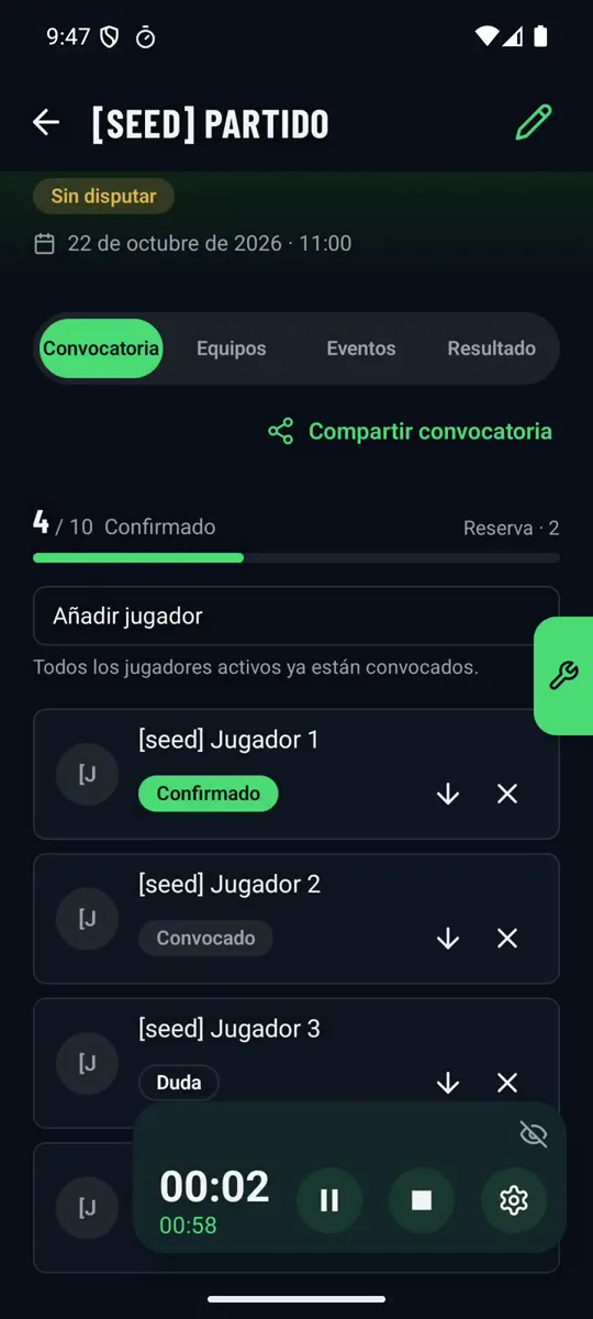 La convocatoria de un partido con el cronómetro en marcha