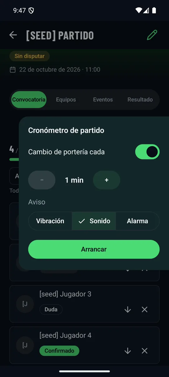 El cronómetro de partido con aviso de cambio de portería